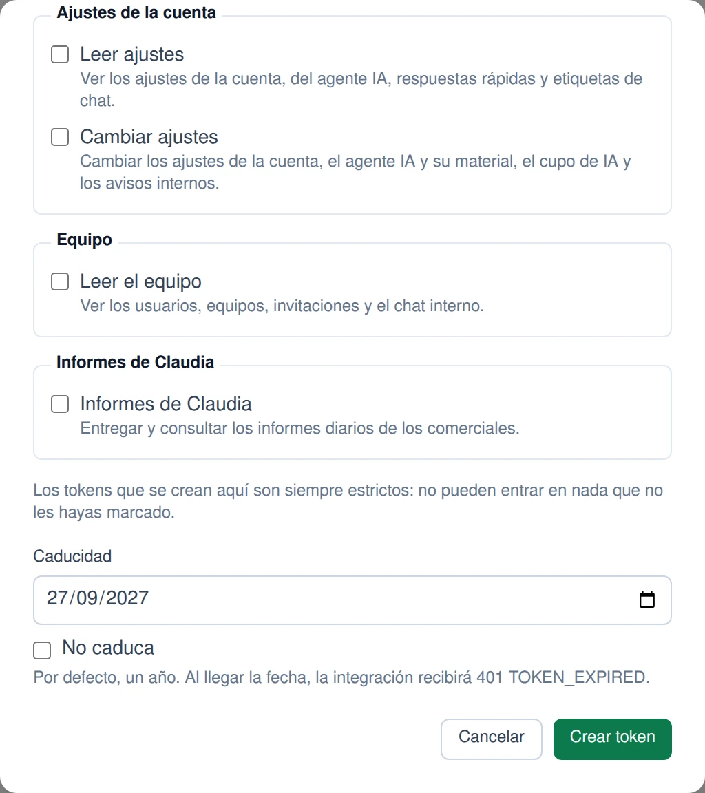 El final del alta: cada permiso va en su grupo, con una línea que dice qué abre; debajo, hasta cuándo vale el token (por defecto, un año) o «No caduca». Marca los permisos mínimos: añadir uno después es crear otro token, y eso es lo correcto.
