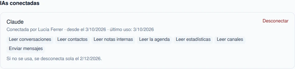 Las IAs conectadas a la cuenta, con sus permisos y el botón de desconectar.