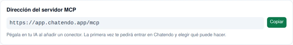 La dirección del servidor MCP de la cuenta, con su botón de copiar: es lo único que hay que pegar en la IA.