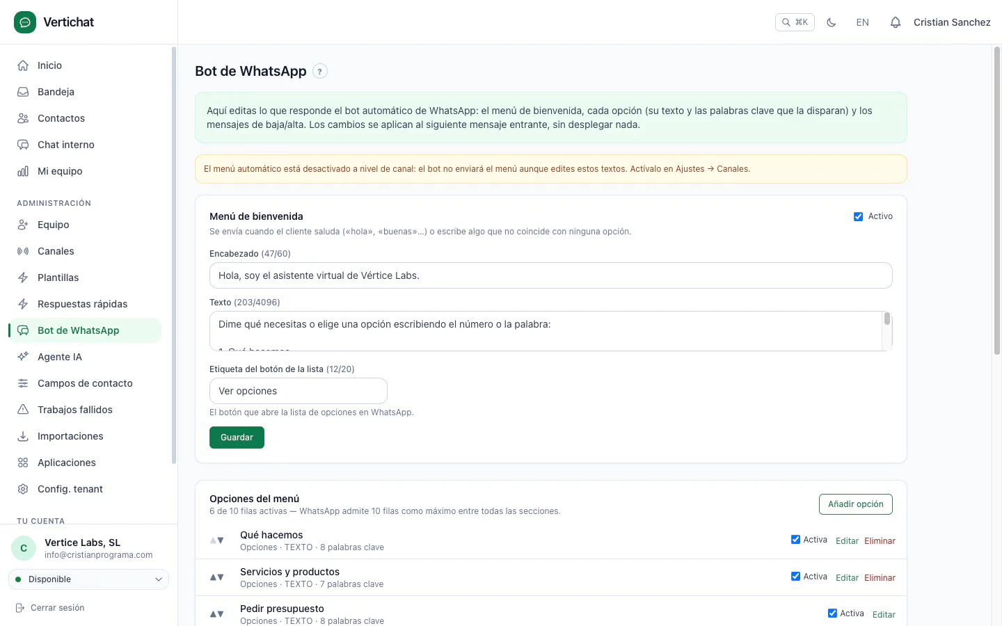 Configuración del bot