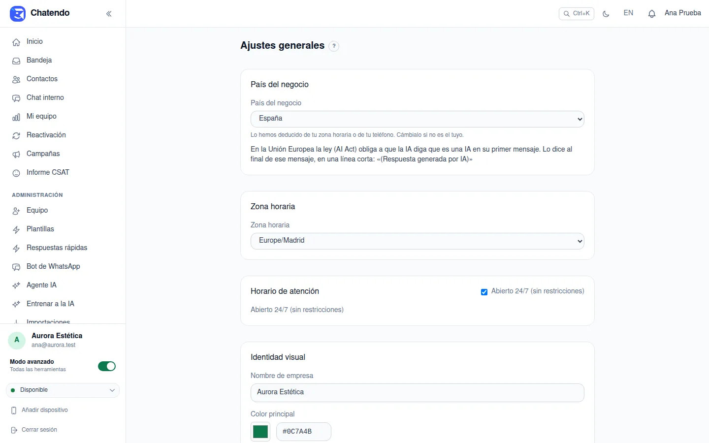 Ajustes generales con el país del negocio