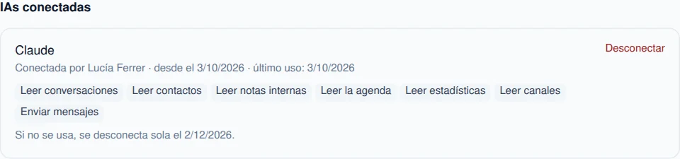 Las IAs conectadas a la cuenta, con sus permisos y el botón Desconectar