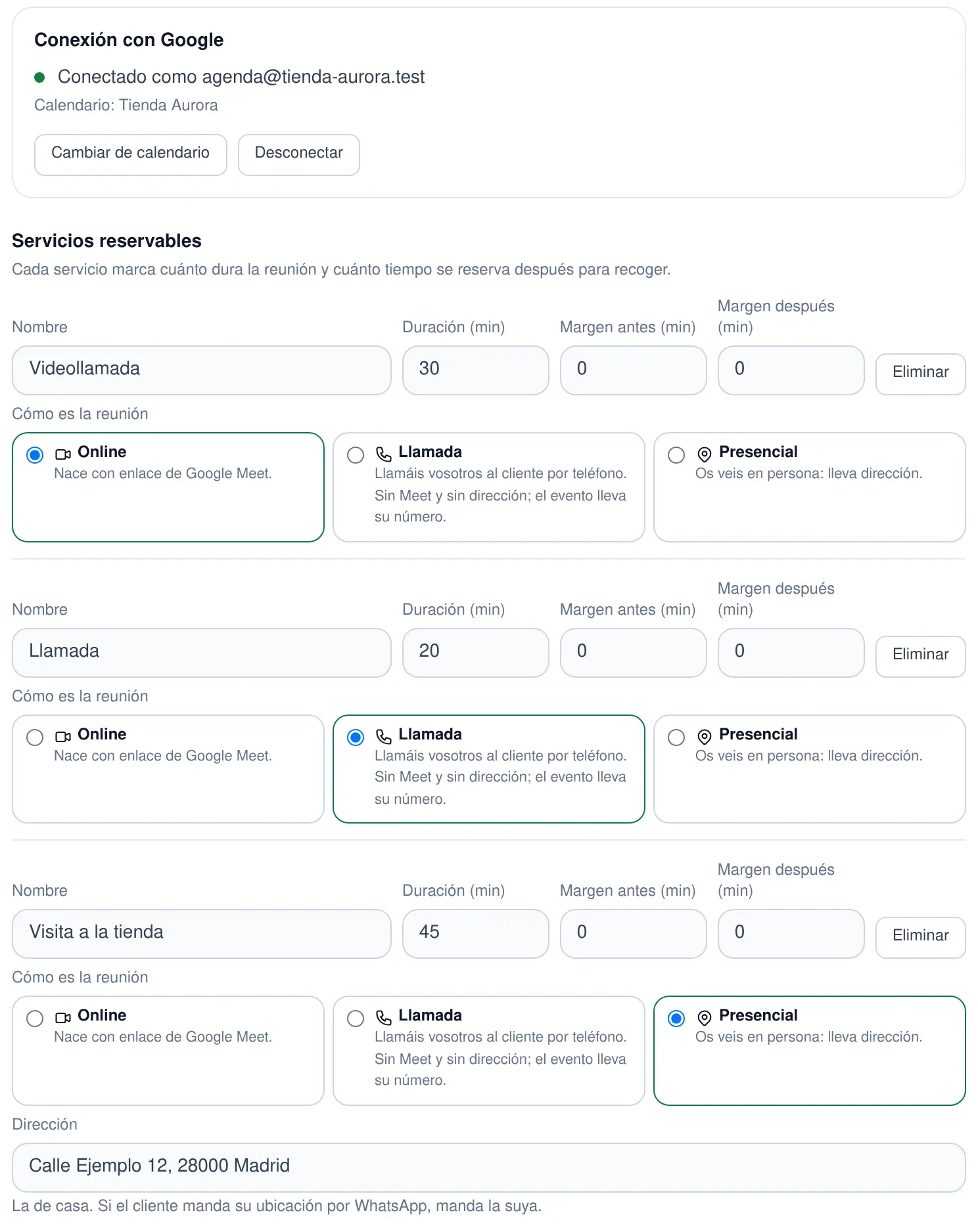 La configuración de Agenda Google: el bloque «Conexión con Google» ya conectado y tres servicios, uno online, uno por llamada y uno presencial, cada uno con su «Cómo es la reunión»