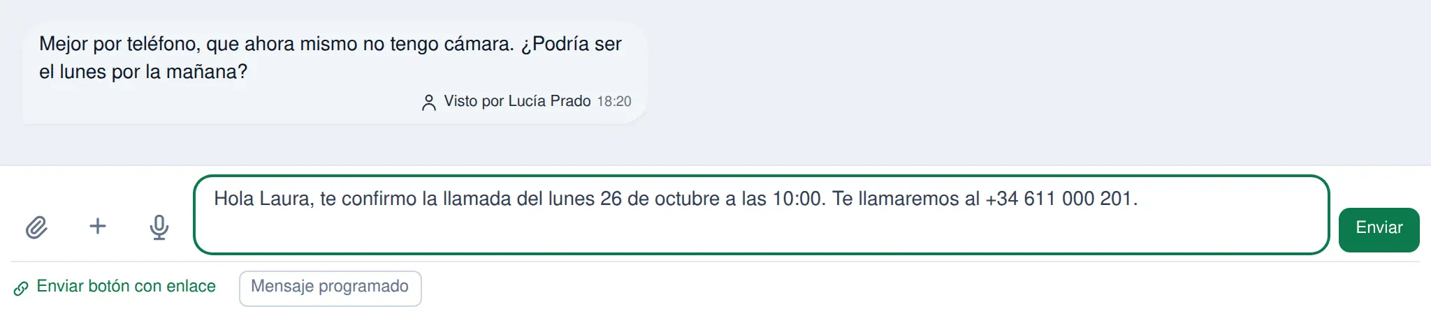 La caja de escribir del chat con el texto de confirmación de la llamada ya escrito, sin enviar