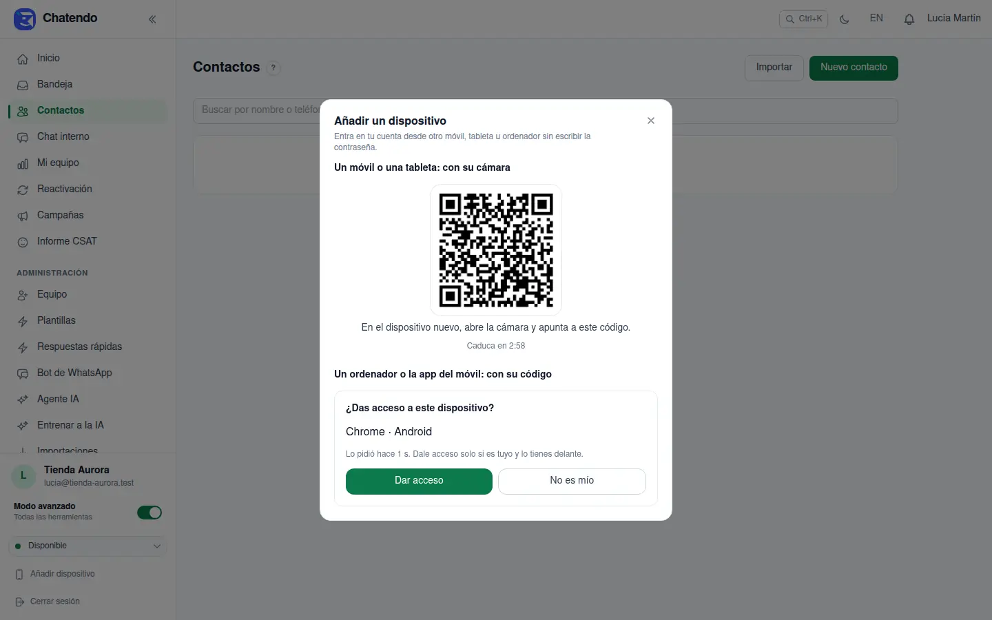 Antes de dar acceso: Chrome · Android, con Dar acceso y No es mío