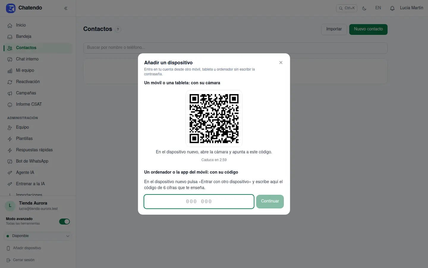 Añadir un dispositivo: el código QR y la casilla para las 6 cifras