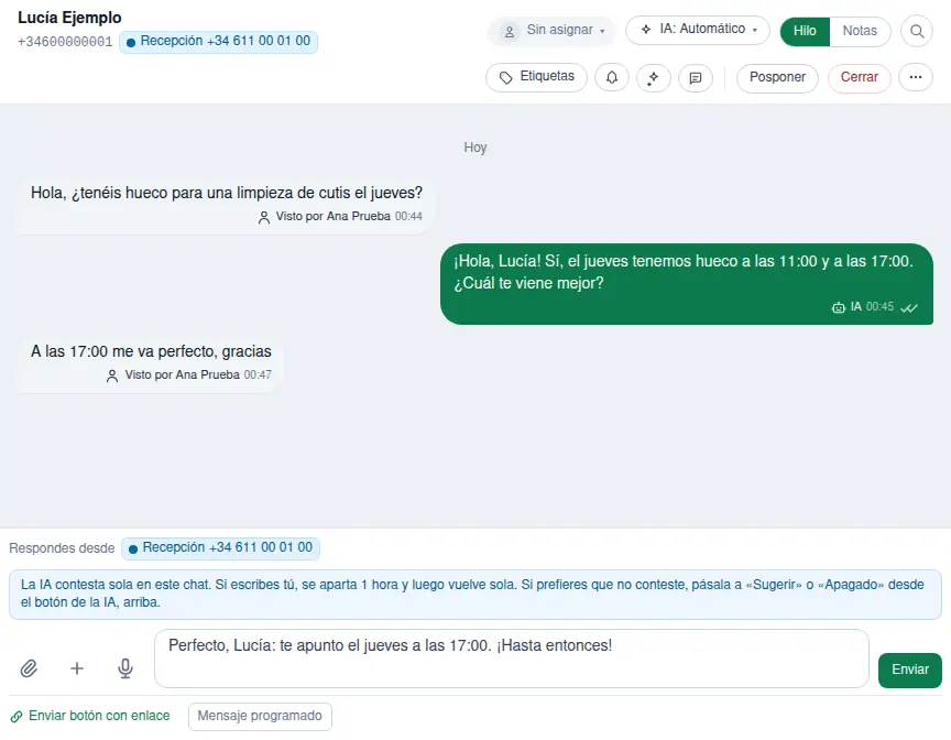 Un chat con la IA en Automático: al empezar a escribir sale sobre el cuadro de texto el aviso «La IA contesta sola en este chat»