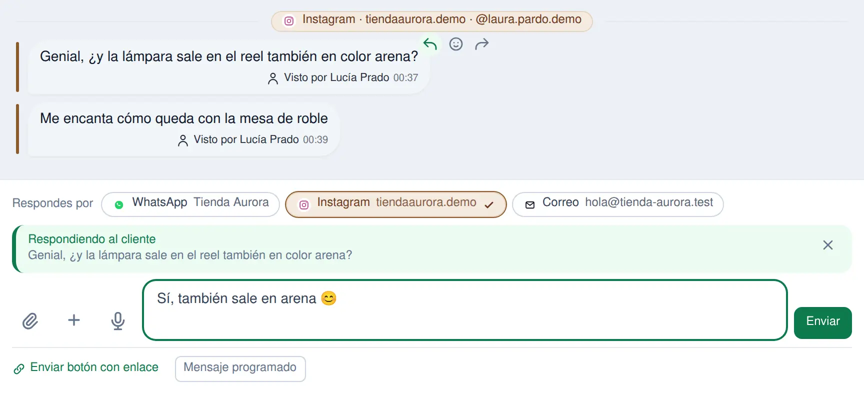 Al citar un mensaje de Instagram, «Respondes por» pasa a Instagram y la cita queda sobre la caja de escribir