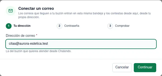 Primer paso de Conectar un correo: la dirección