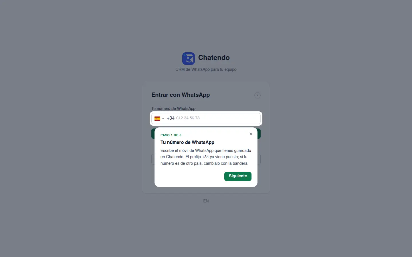 Guía de entrada: el campo del número de WhatsApp resaltado
