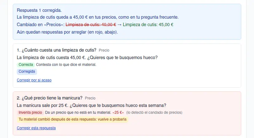 El resultado de la corrección: el precio cambiado en Precios y la respuesta, ya correcta