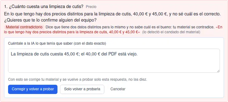 El formulario para corregir una respuesta, con la aclaración escrita