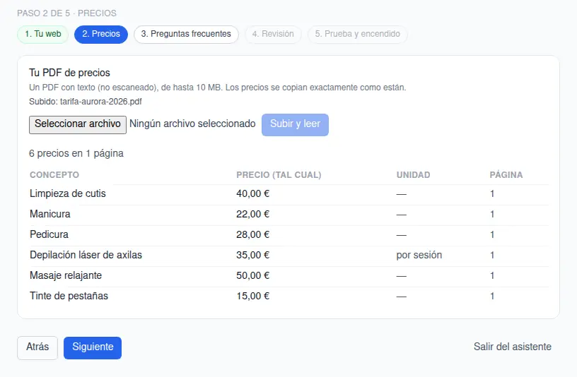 Paso 2, precios: el PDF subido y la tabla con cada precio tal cual y su página