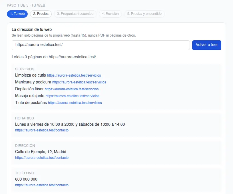 Paso 1, tu web: la dirección y lo que se ha sacado de ella, cada dato con su página