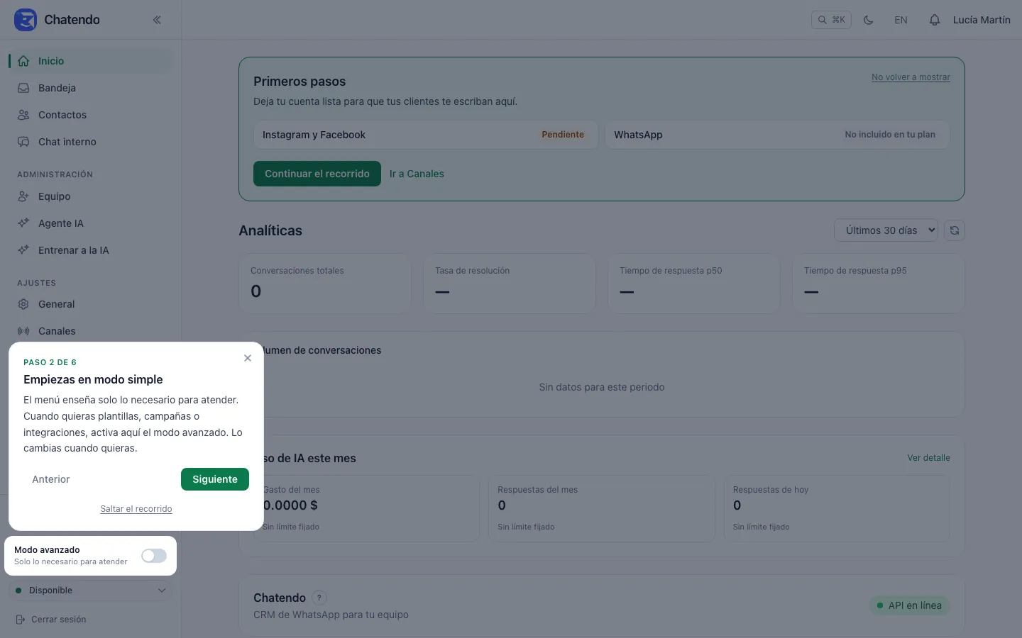 Recorrido: el interruptor Modo avanzado resaltado