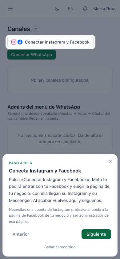 Recorrido en el móvil: Conectar Instagram y Facebook