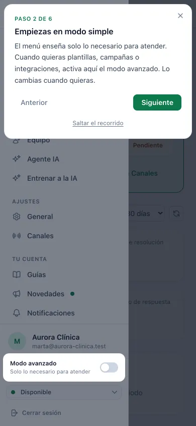 Recorrido en el móvil: el menú se abre para enseñar el interruptor