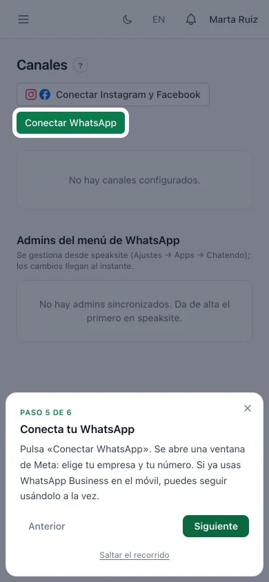 Recorrido en el móvil: Conectar WhatsApp resaltado