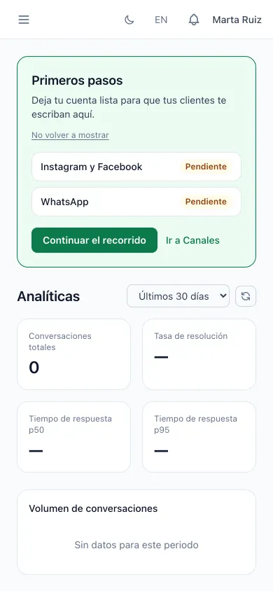 Tarjeta Primeros pasos en Inicio