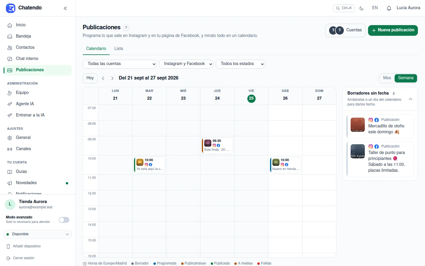 Vista de semana del calendario de publicaciones