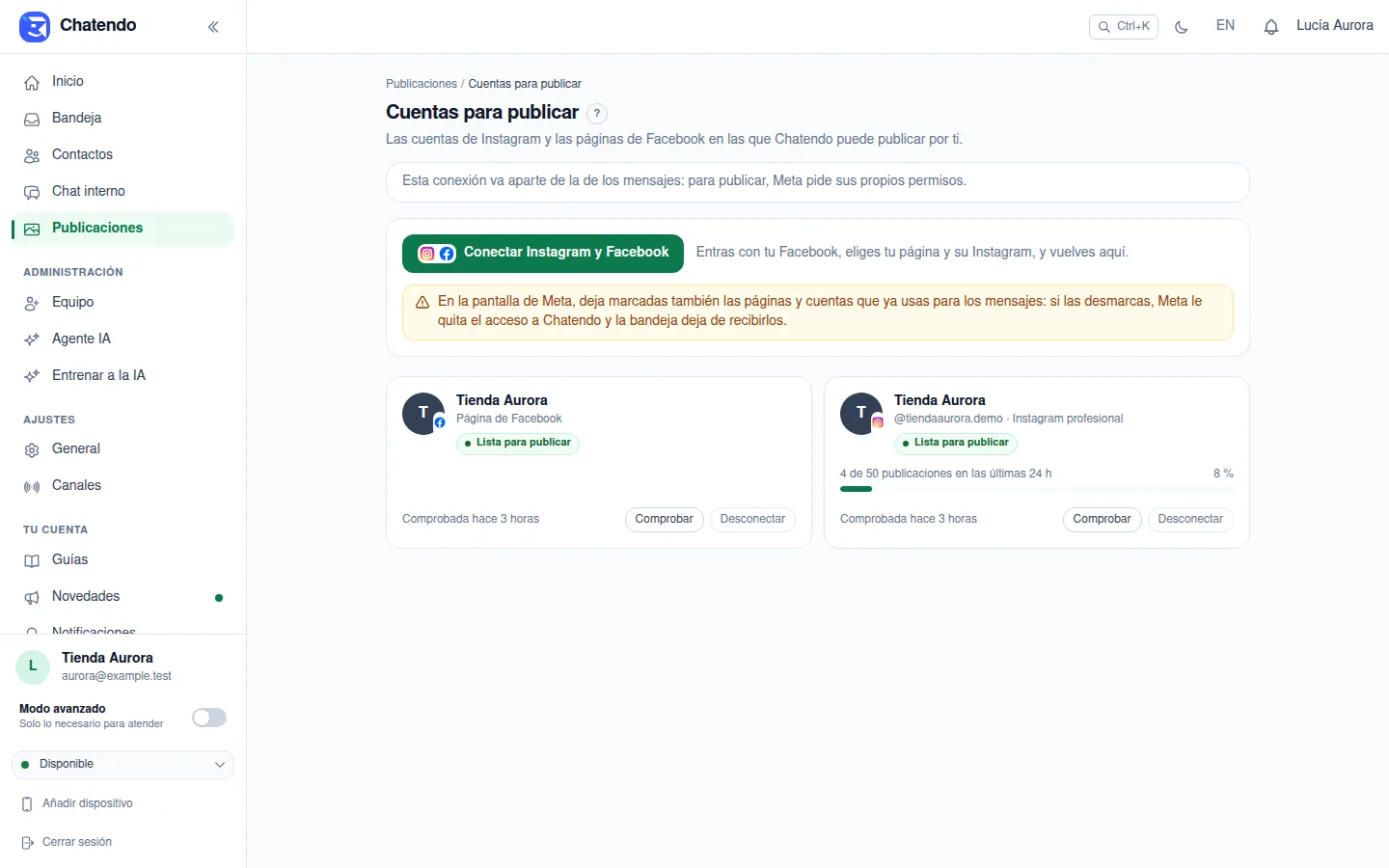 Cuentas para publicar: una cuenta de Instagram y una página de Facebook listas para publicar