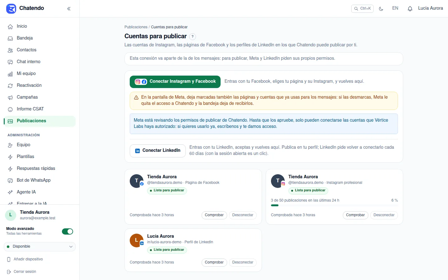Cuentas para publicar: el botón Conectar LinkedIn y un perfil de LinkedIn listo para publicar