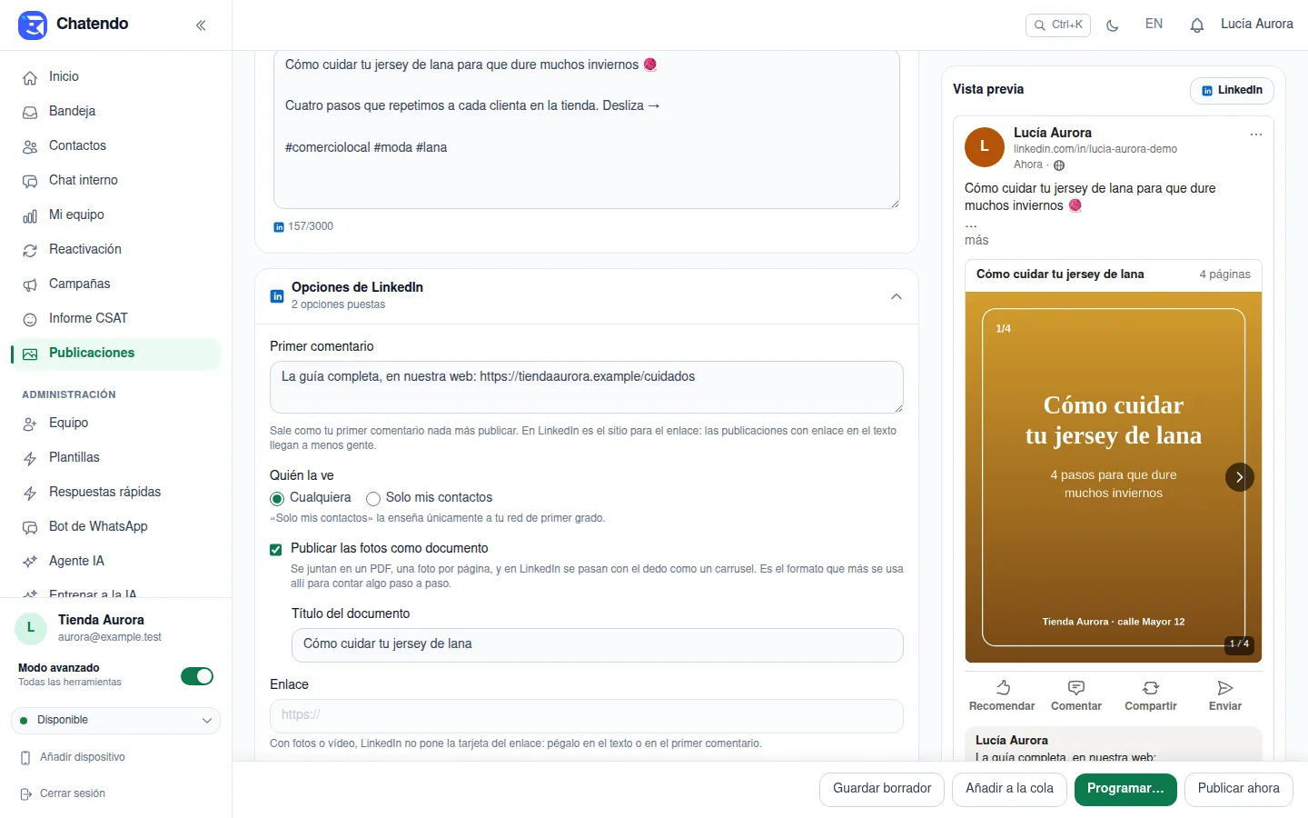 El editor con el perfil de LinkedIn elegido, las opciones de LinkedIn y la vista previa del documento