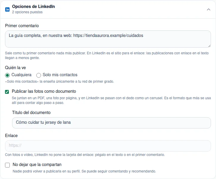Opciones de LinkedIn: primer comentario, quién la ve, publicar las fotos como documento y su título