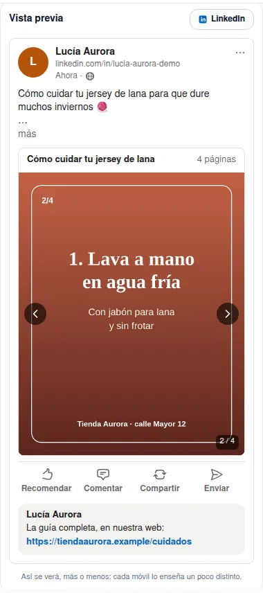 Vista previa de LinkedIn: el documento se pasa página a página