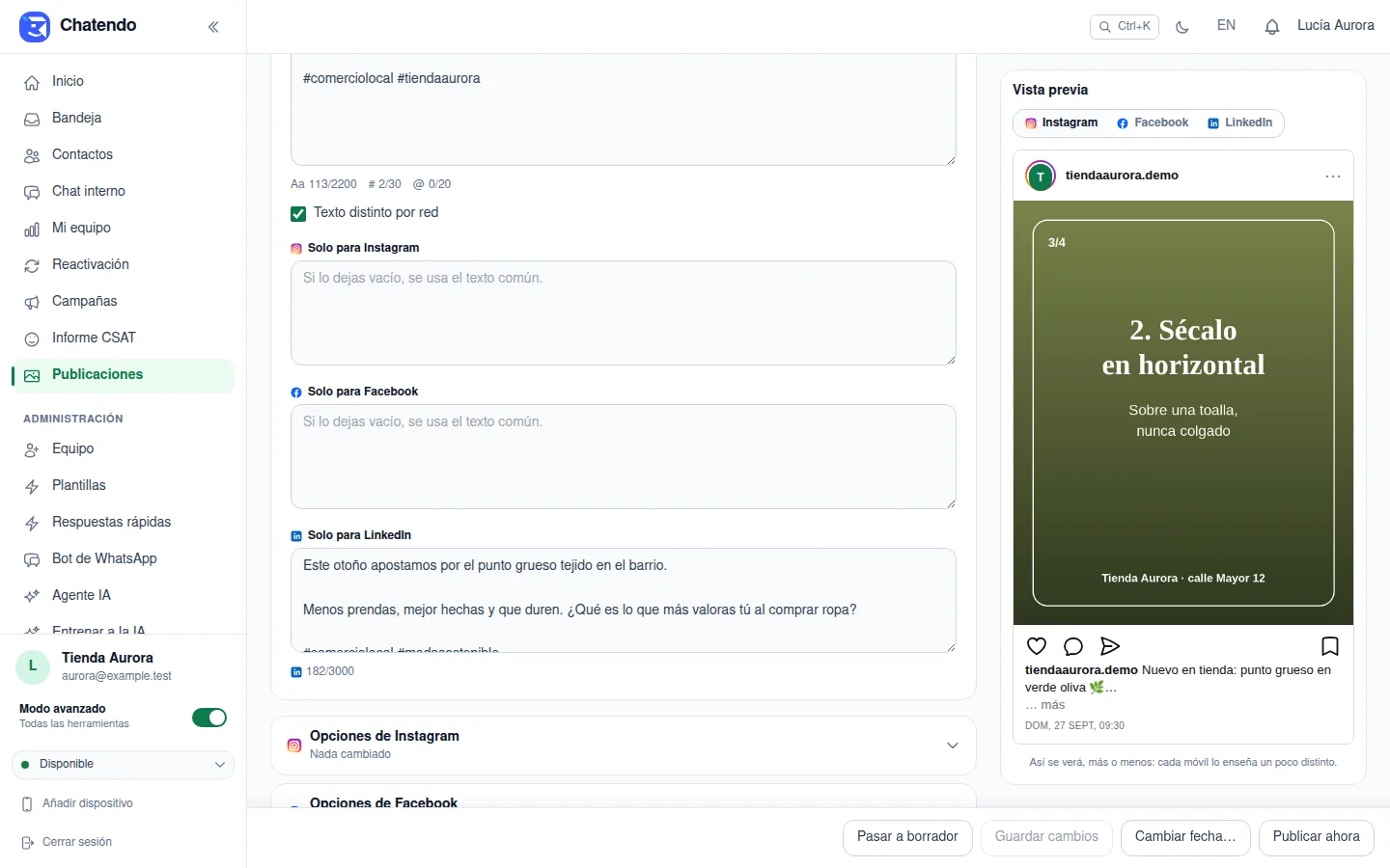 Texto distinto por red: un texto propio para LinkedIn con su contador de 3.000 caracteres