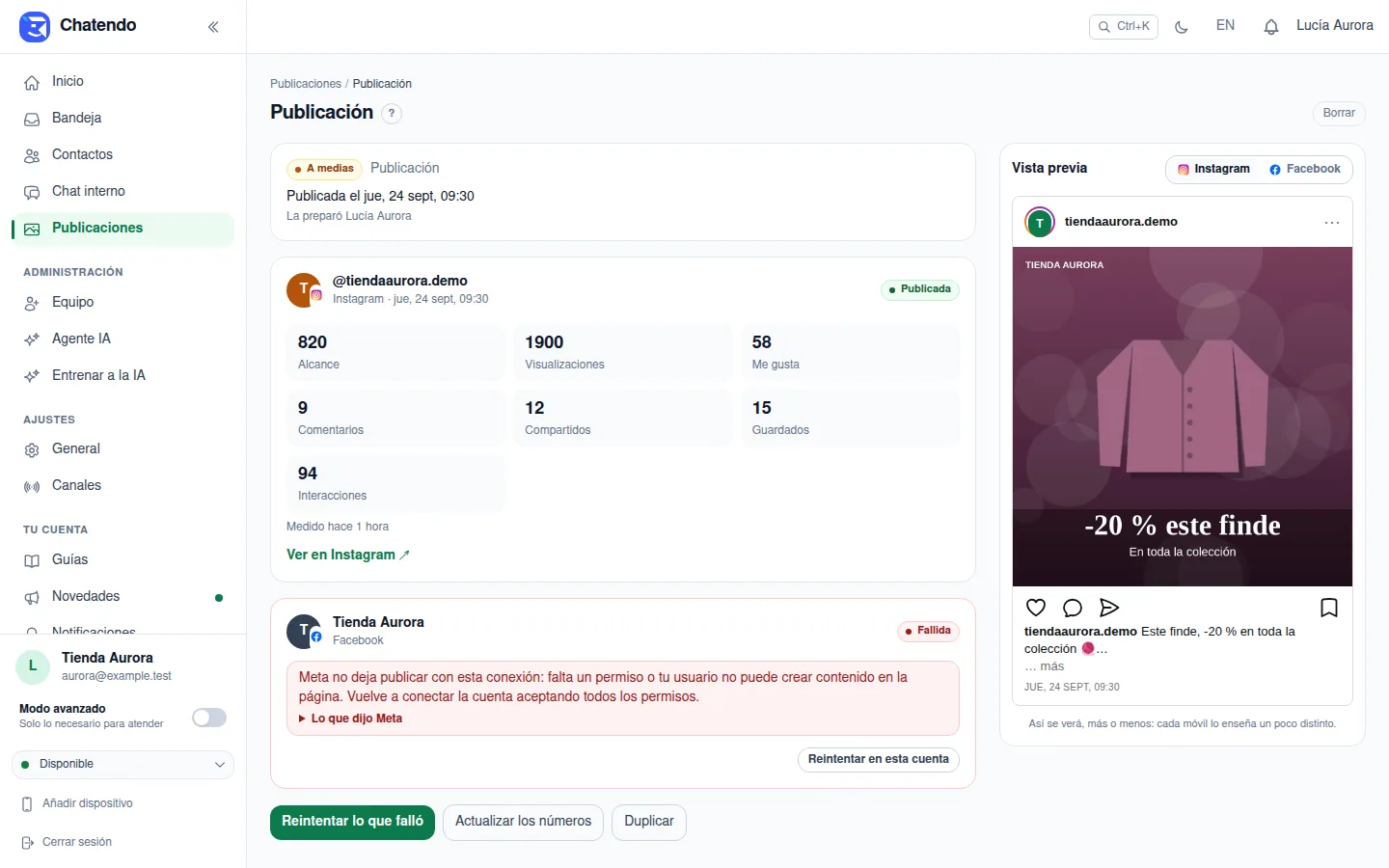 Una publicación a medias: publicada en Instagram y fallida en Facebook, con el motivo y el botón para reintentar