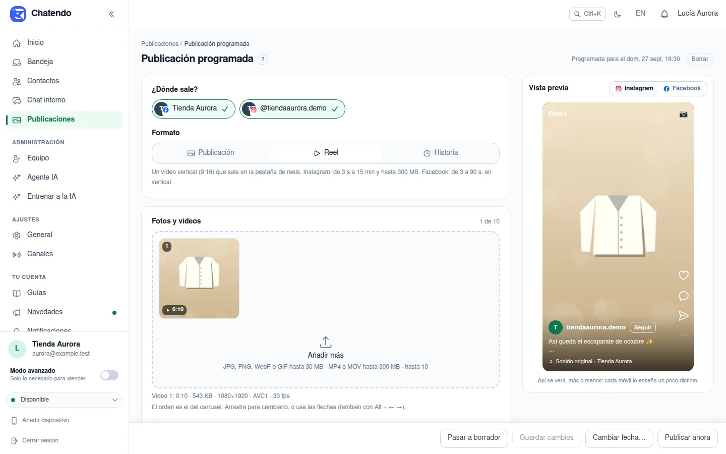 Un reel en el editor, con su portada y sus opciones de Instagram