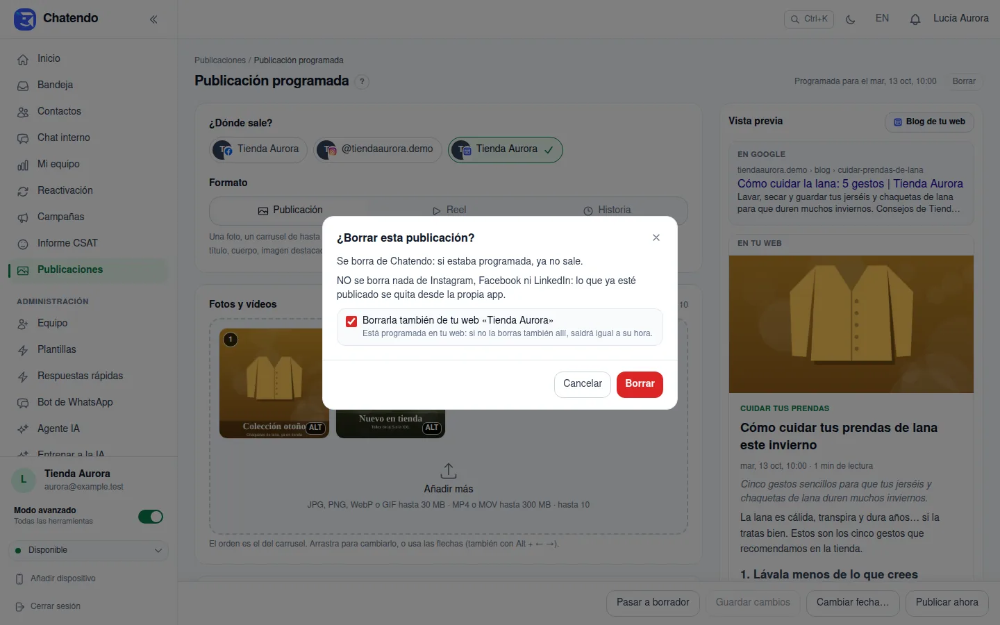 Borrar una publicación con la casilla Borrarla también de tu web marcada