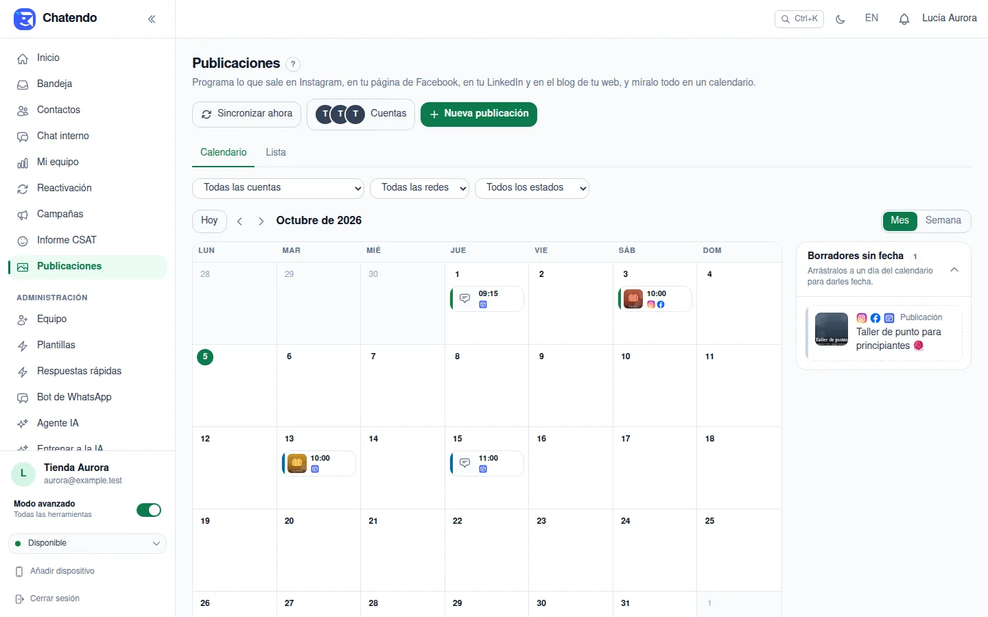 El calendario con las entradas del blog programadas y el botón Sincronizar ahora
