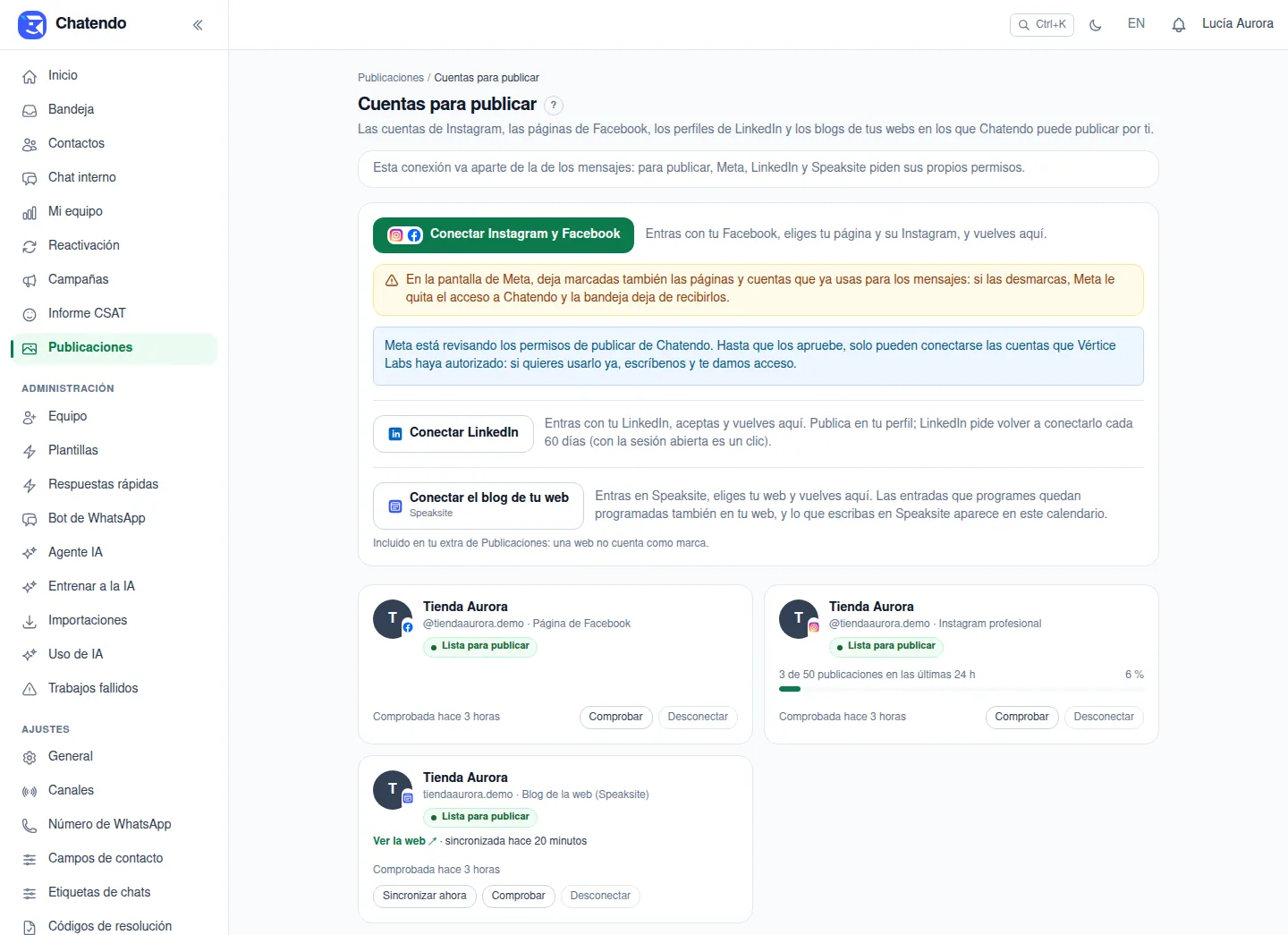 Cuentas para publicar: el botón Conectar el blog de tu web y la web ya conectada, lista para publicar