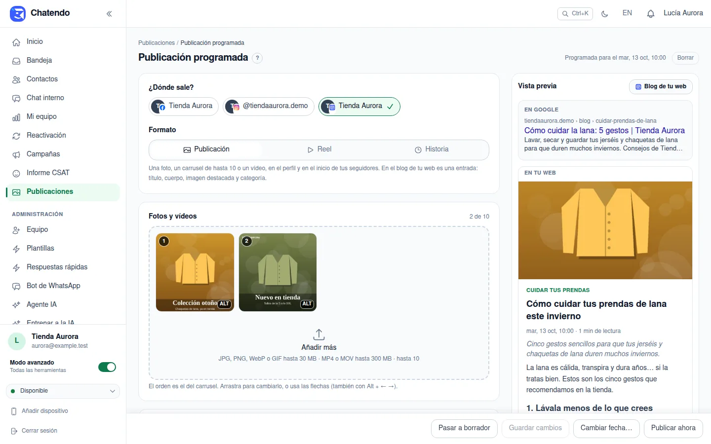 El compositor con la web elegida en Dónde sale, las fotos y la vista previa del blog