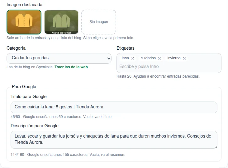 Imagen destacada, categoría, etiquetas y el título y la descripción para Google