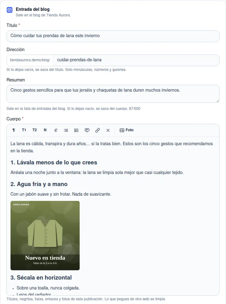 La tarjeta Entrada del blog: título, dirección, resumen y el cuerpo con su barra de formato y una foto