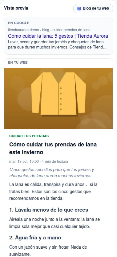 Vista previa del blog: cómo sale en Google y cómo queda la entrada en la web