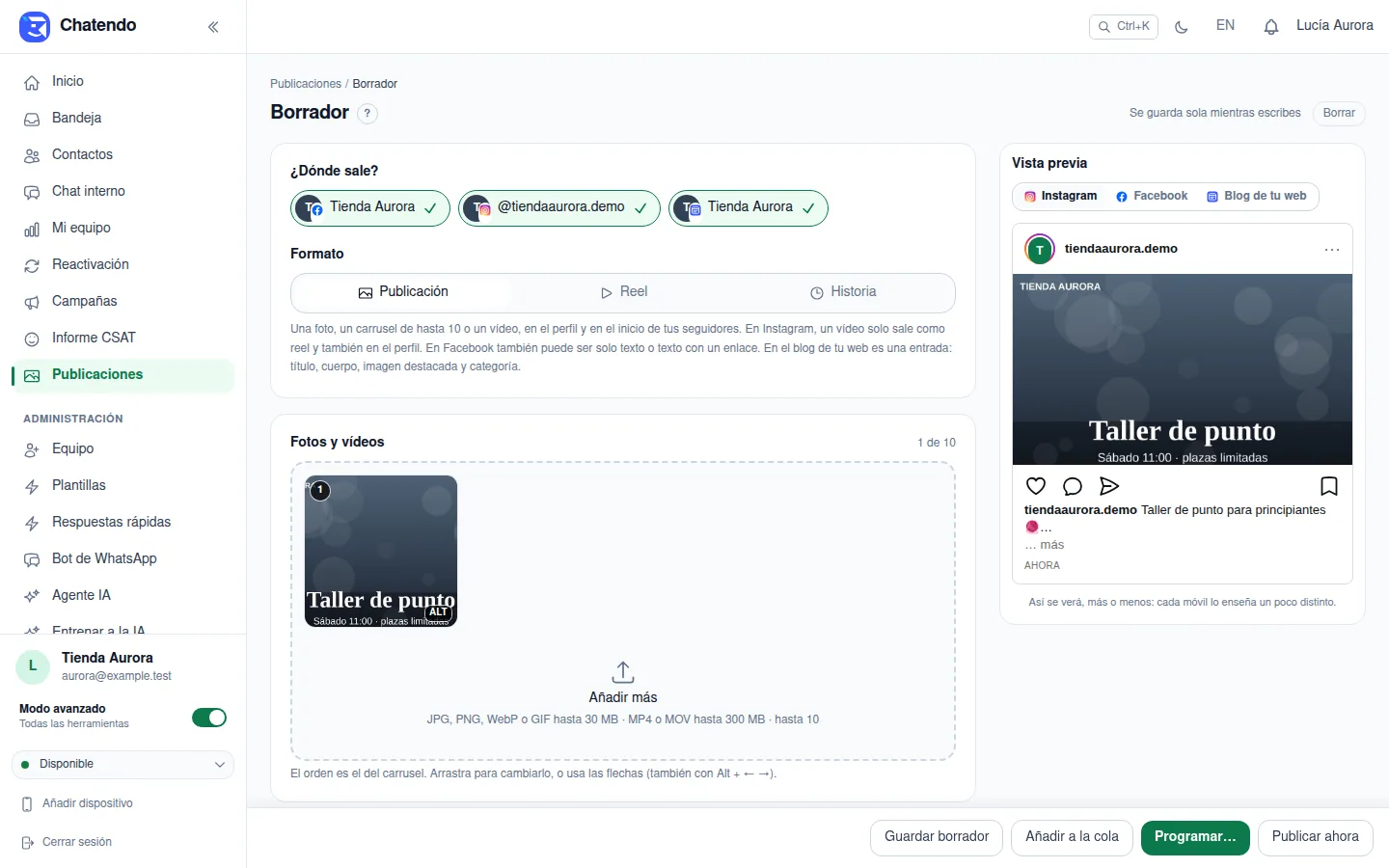 Una publicación para Instagram, Facebook y el blog de la web a la vez, con la pestaña Blog de tu web en la vista previa