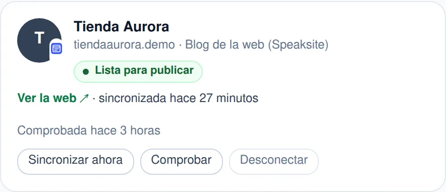 La tarjeta de la web conectada: lista para publicar, Ver la web, Sincronizar ahora, Comprobar y Desconectar
