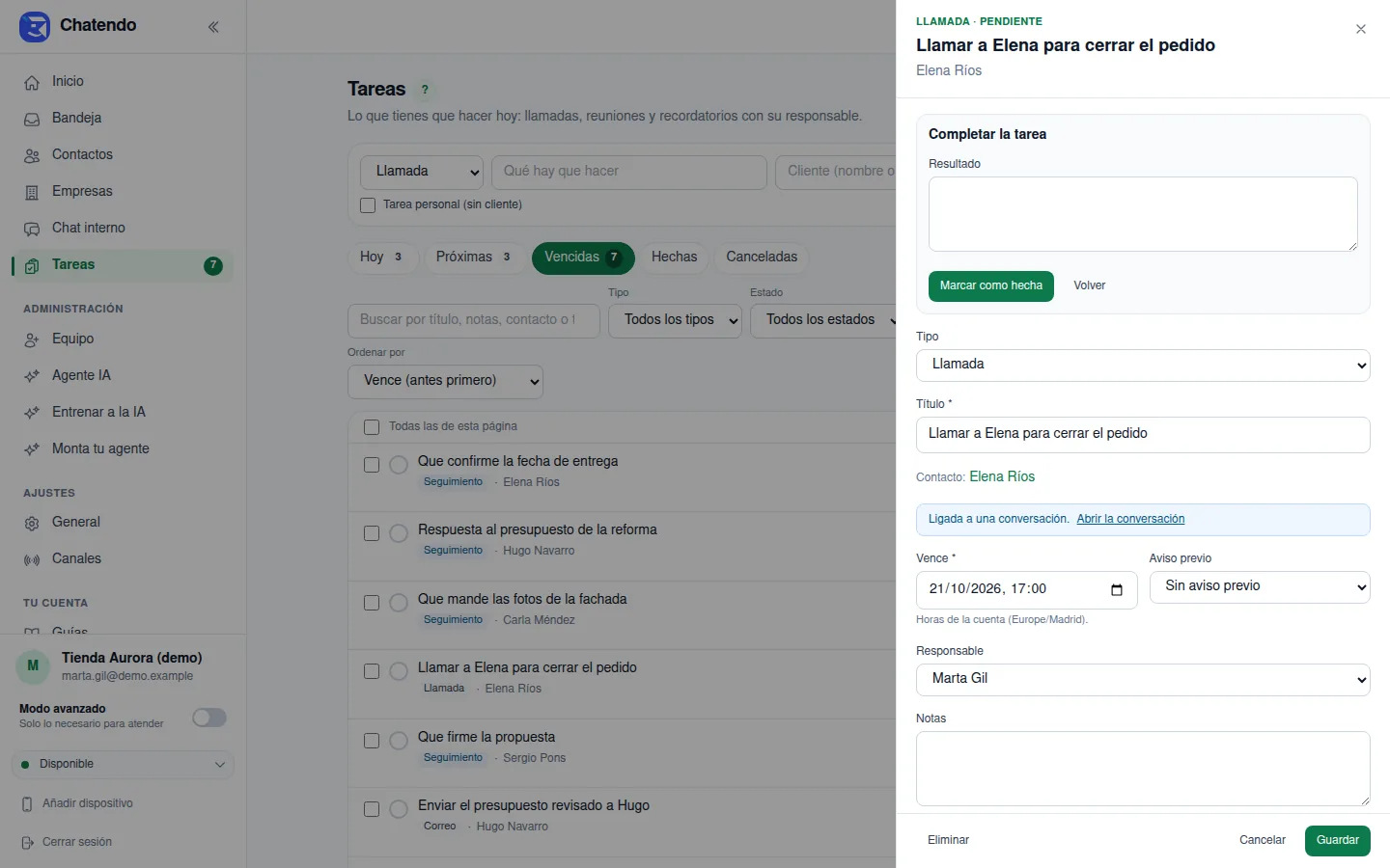 Panel de una tarea con el formulario Completar la tarea