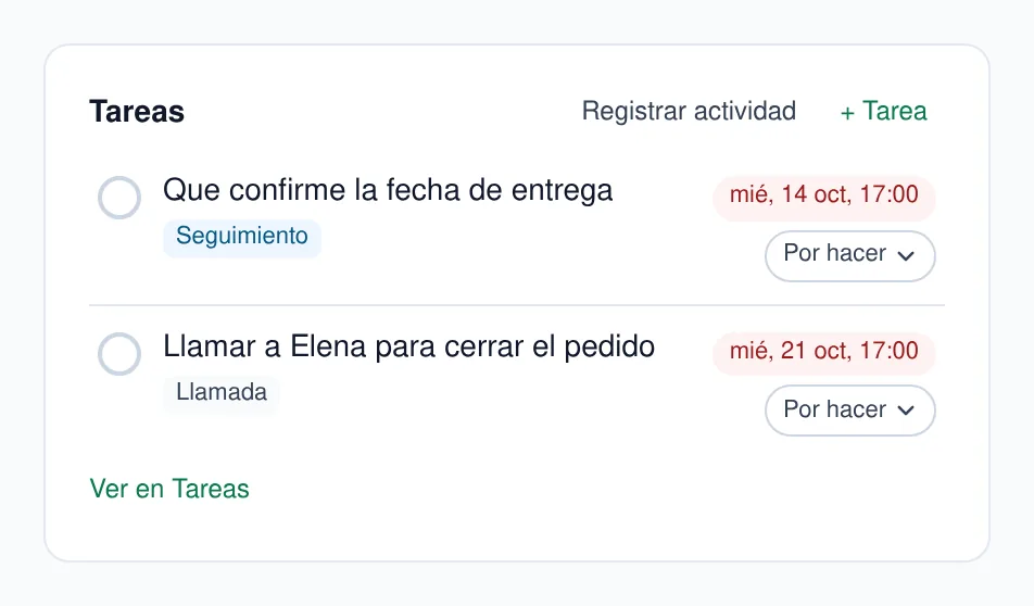 Tarjeta Tareas en la ficha de un contacto