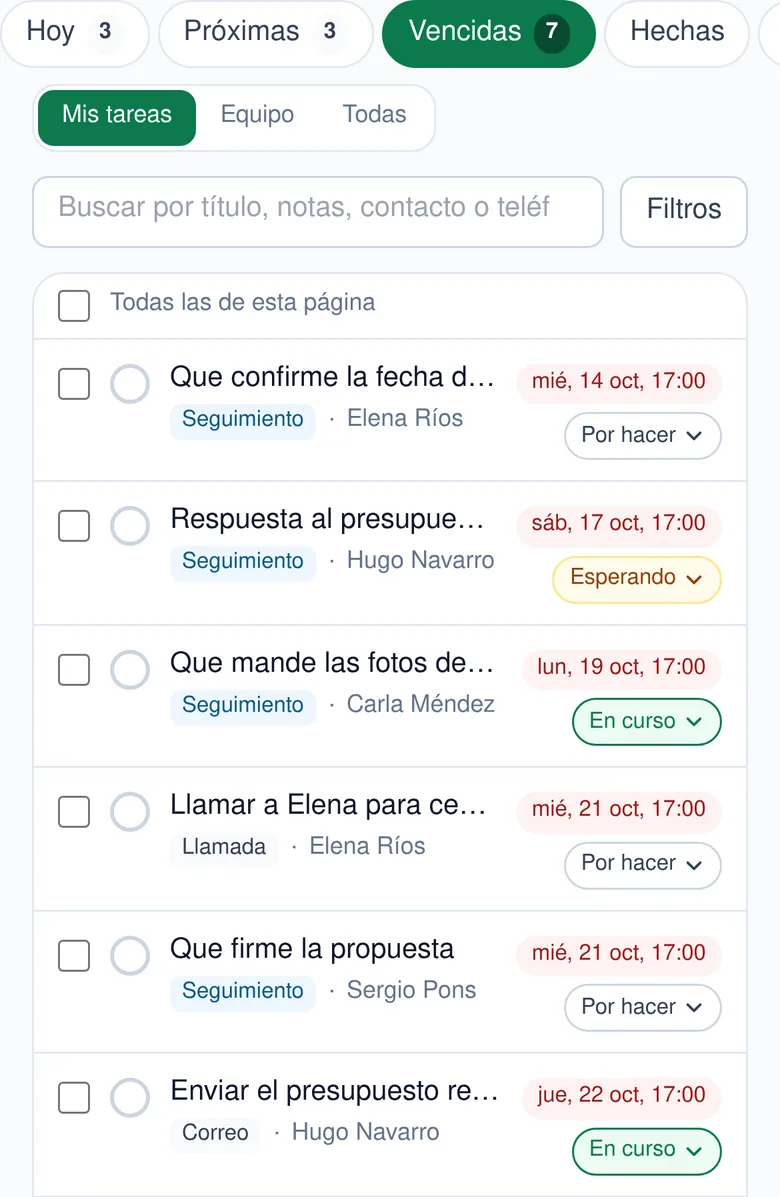 La lista de Tareas en el móvil