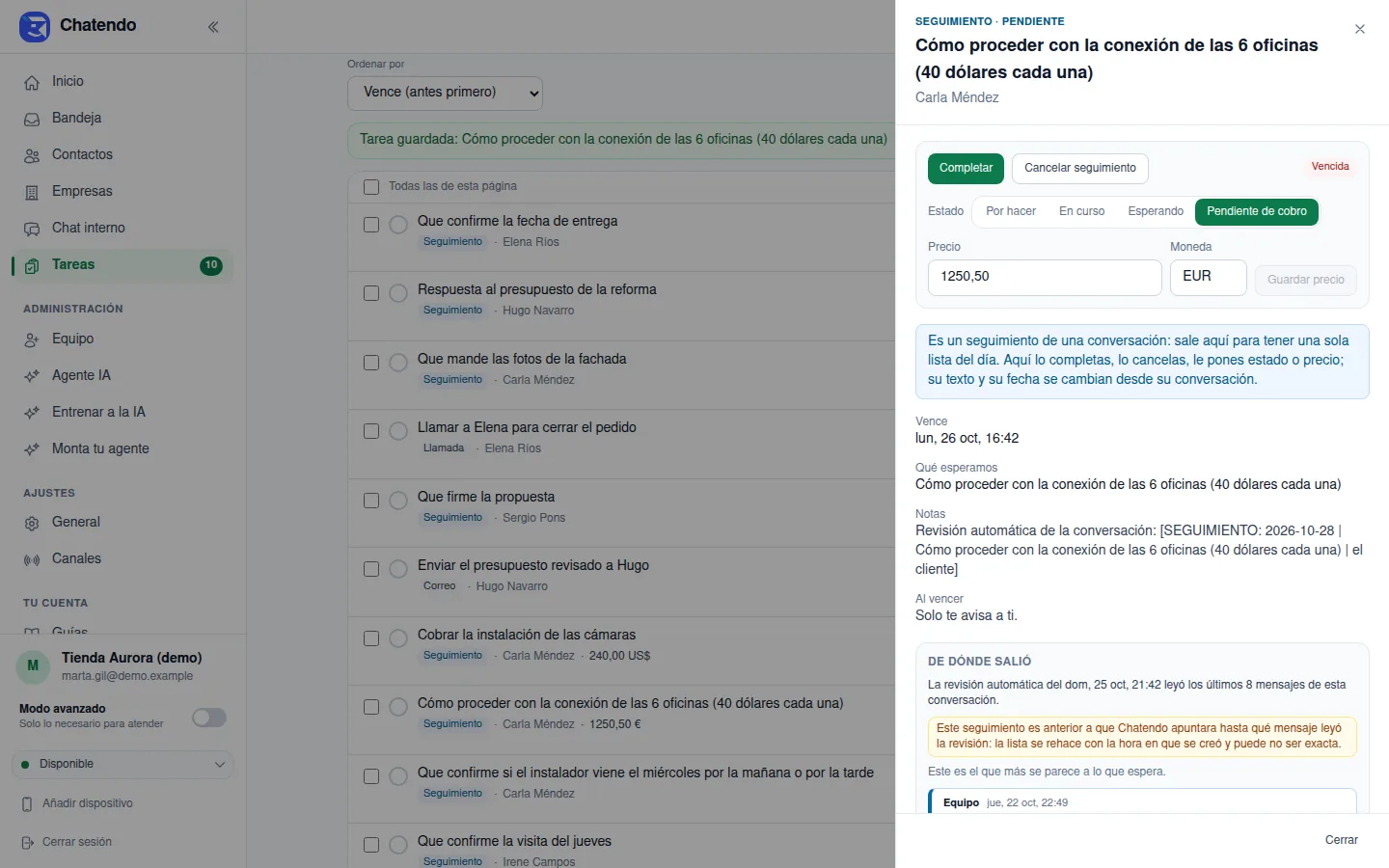 Panel de un seguimiento en Pendiente de cobro, con su precio y su moneda
