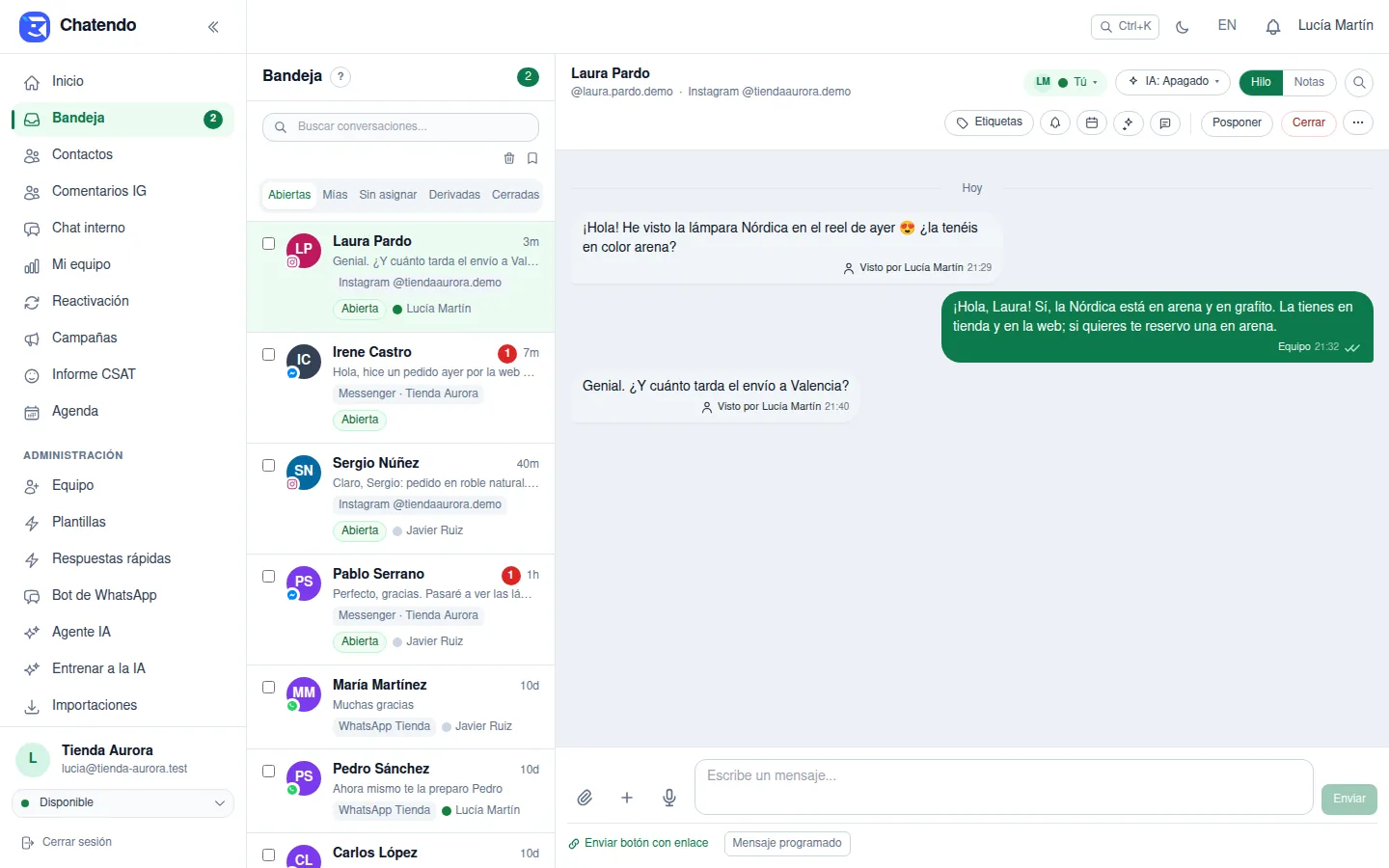 Bandeja compartida de Chatendo con conversaciones de Instagram y Messenger