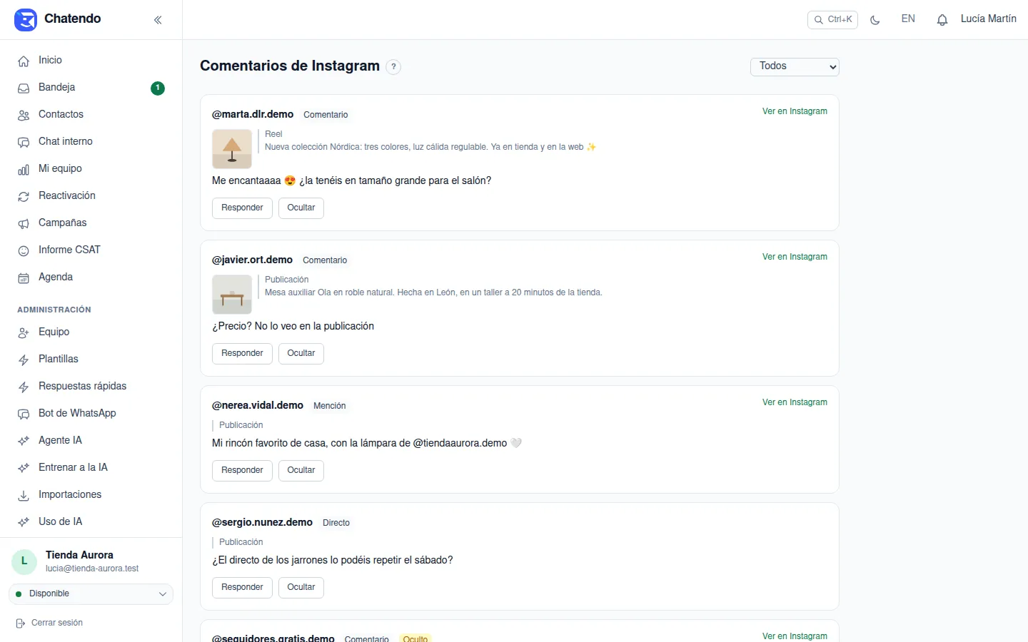 Bandeja de comentarios de Instagram en Chatendo: un reel, una publicación, una mención y un directo