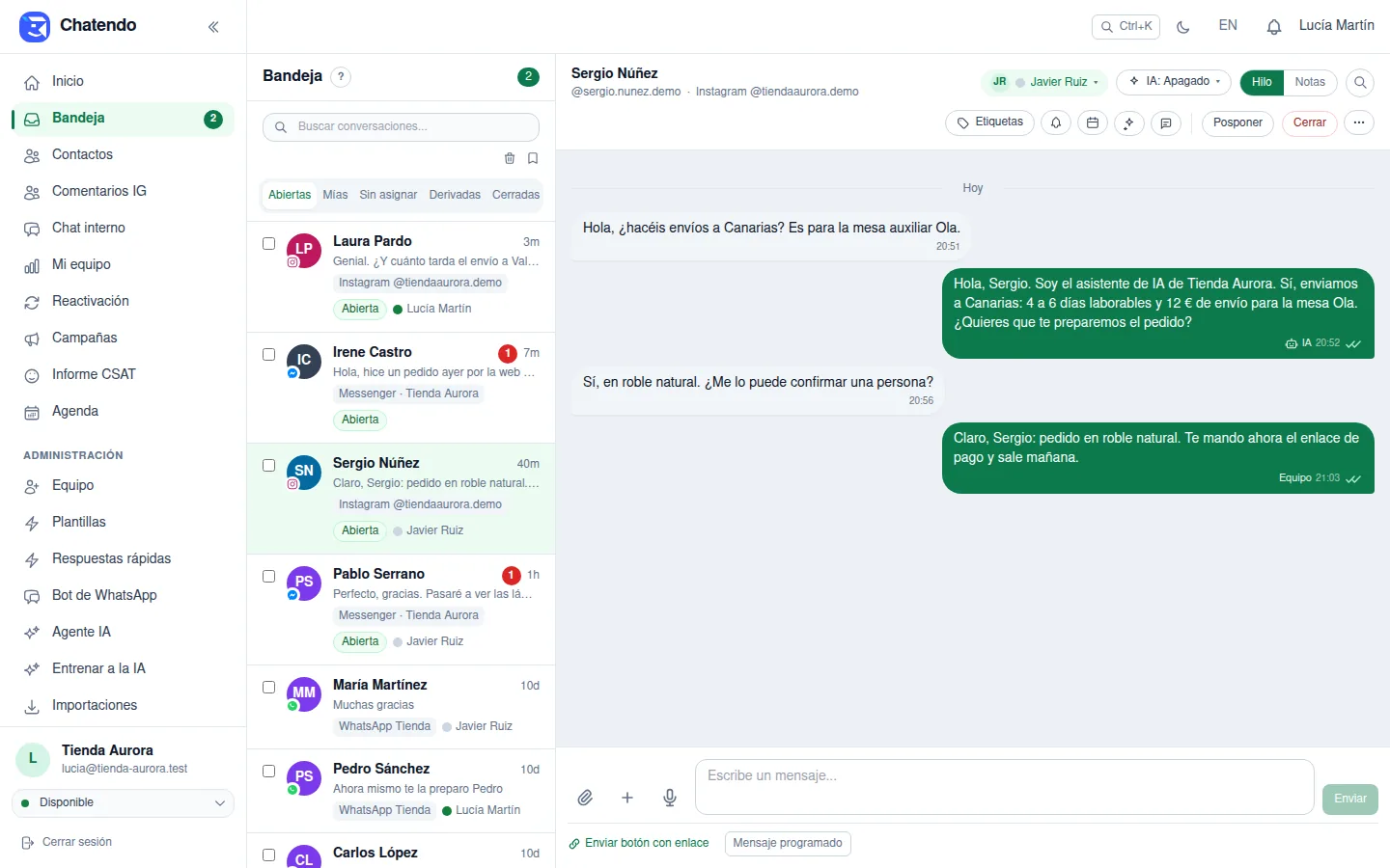 Conversación de Instagram en la bandeja de Chatendo contestada por el agente de IA y rematada por una persona del equipo